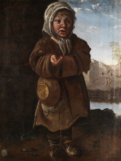 Begging Child in Front of a Cityscape by Unbekannt Unbekannt